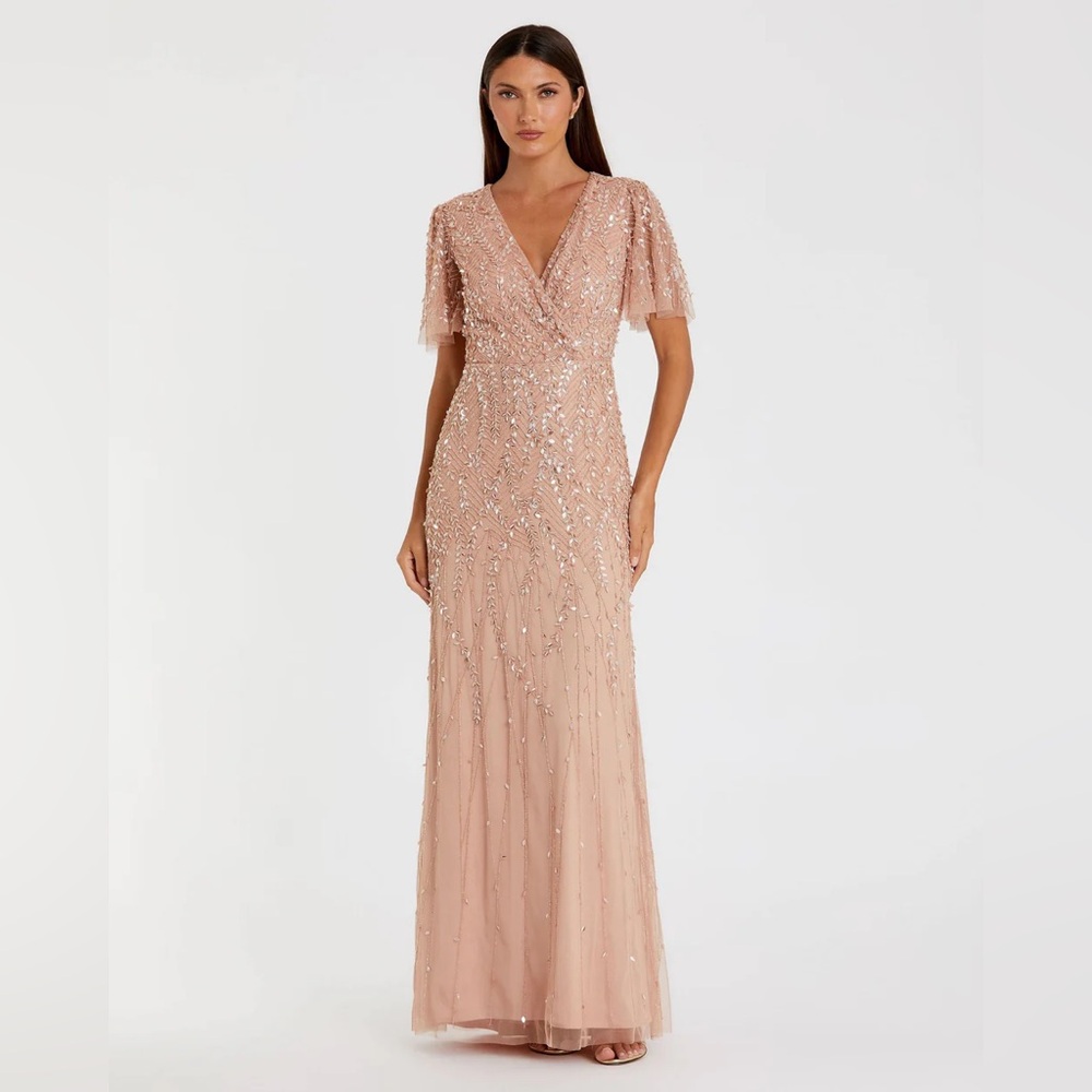 NWT $698 MAC DUGGAL Embellished Flutter Sleeve Gown DRESS LEAVES NUDE PINK 35109